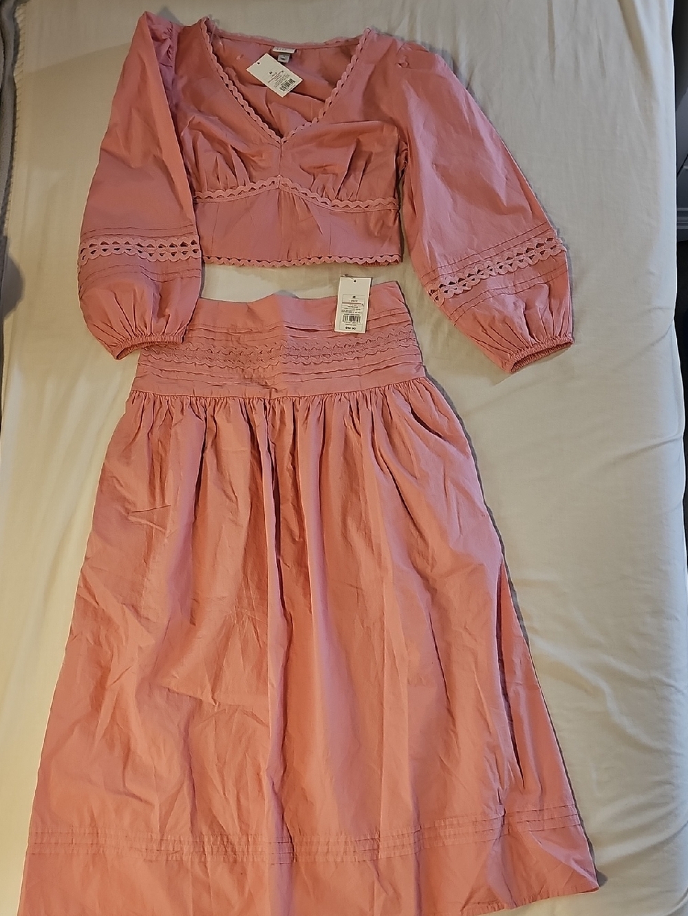 A New Day Dusty Rose Summer Set: Flowy Eyelet Midi Skirt & Long Puffy Sleeve Top